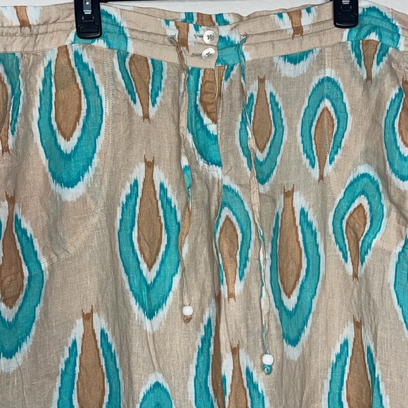 Nimo With Love 100% Linen Printed Pants XXL Tan & Teal - Picture 3 of 6